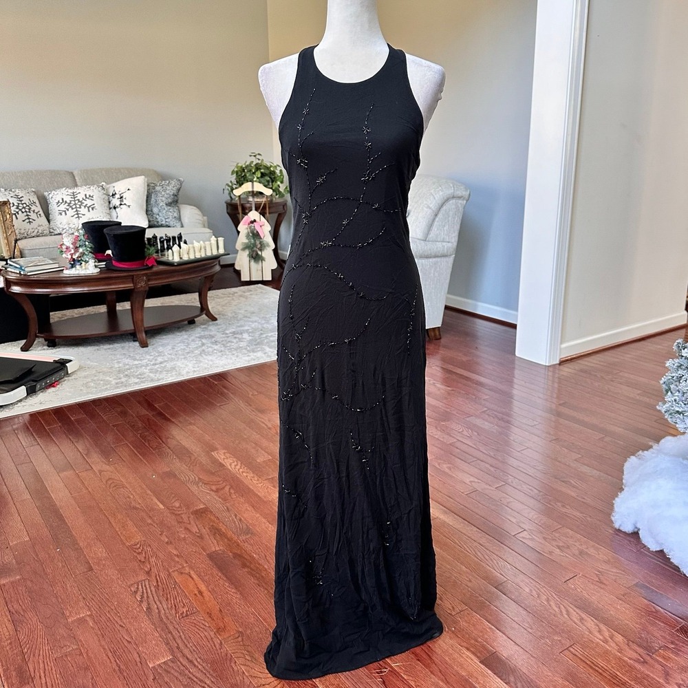 Vintage Stenay Black Beaded Floral Design High Neck Gown Dress Size Large